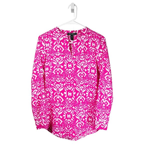 Ralph Lauren Women's Blouse Pink White Geometric Abstract Long Sleeve Top PS - Picture 1 of 9